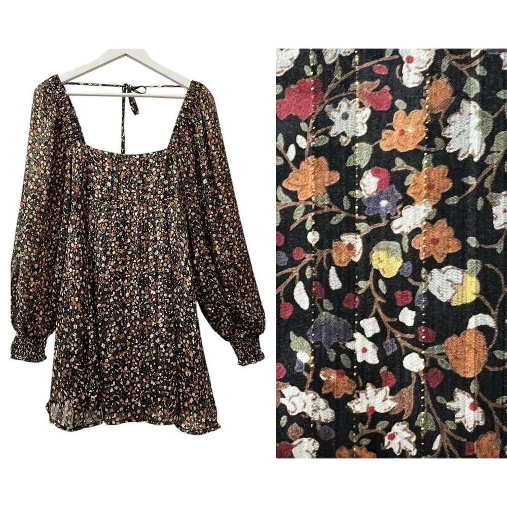 Reset By Jane Women's Mini Dress Size S Floral Chiffon L/S Smocking Self Tie‎